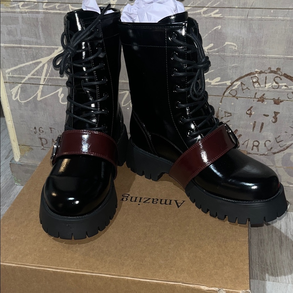 Ing Glossy Black and Deep Burgundy Combat Boots
